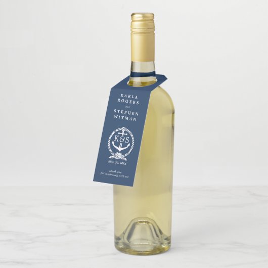 ネイビーブルー&ホワイト航海のいかり&ロープノット ボトルネックタグ (アングル)