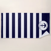 ネイビーブルー&ホワイト航海のシップいかり ビーチタオル (正面)