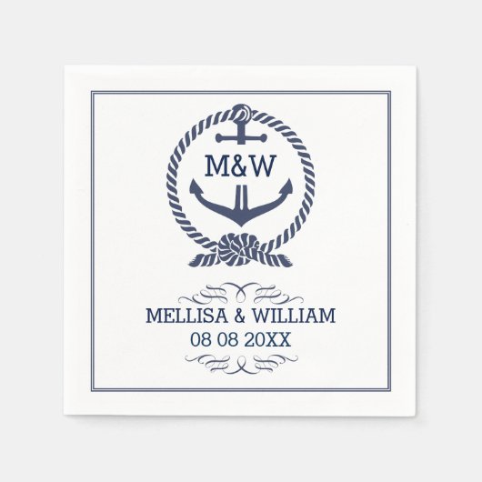 ネイビーブルー&ホワイト航海のズ結婚いかりノット スタンダードカクテルナプキン (正面)