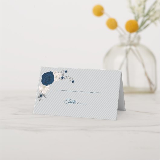 ネイビーブルー&ホワイト花シルバーグ葉レイ プレイスカード (正面)