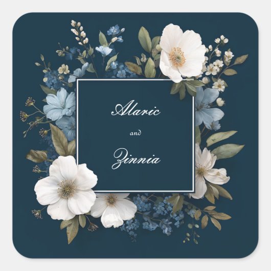 ネイビーブルー ホワイト アネモネ 花柄 モダン スクエア フレーム スクエアシール (正面)
