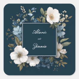 ネイビーブルー ホワイト アネモネ 花 モダン スクエア フレーム スクエアシール