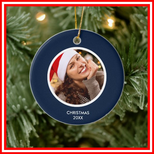 ネイビーブルー&ホワイト | イニシャルモダンモノグラム写真 セラミックオーナメント