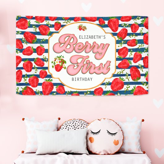 ネイビーブルー ホワイト ストライプ いちご 1歳 誕生日 横断幕