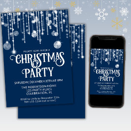 ネイビーブルー ホワイト ストリング ライト クリスマスパーティー 招待状