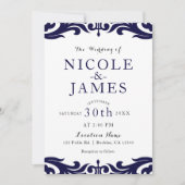 ネイビーブルー & ホワイト ダマスク おしゃれ エレガント ウェディング 招待状 (正面)