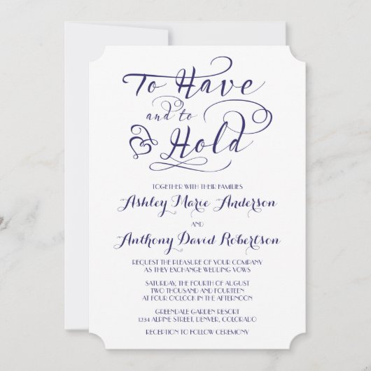 ネイビーブルー ホワイト ハート ウェディング 挙式 招待状 (正面)