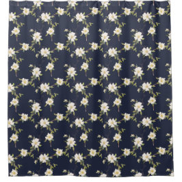 ネイビーブルー ホワイト フラワー シャワーカーテン
