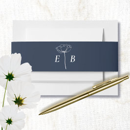 ネイビーブルー ホワイト モノグラム フラワーアクセント イニシャル 招待状ベリーバンド