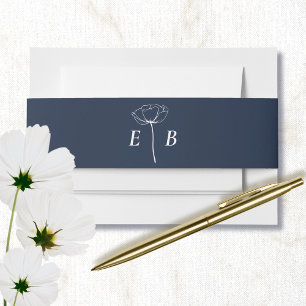 ネイビーブルー ホワイト モノグラム フラワーアクセント イニシャル  招待状ベリーバンド
