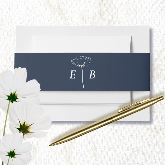 ネイビーブルー ホワイト モノグラム フラワーアクセント イニシャル 招待状ベリーバンド