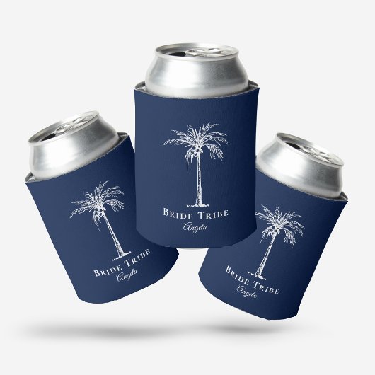 ネイビーブルー＋ホワイト＋ヤシの木の花嫁団 缶クーラー