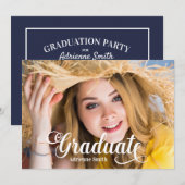 ネイビーブルー ホワイト 卒業式 大学 パーティー 写真 招待状 (正面/裏面)
