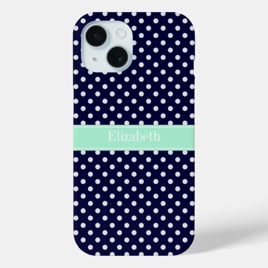 ネイビーブルー ホワイト 水玉模様 ミント 名前 モノグラム Case-Mate iPhoneケース (裏面)