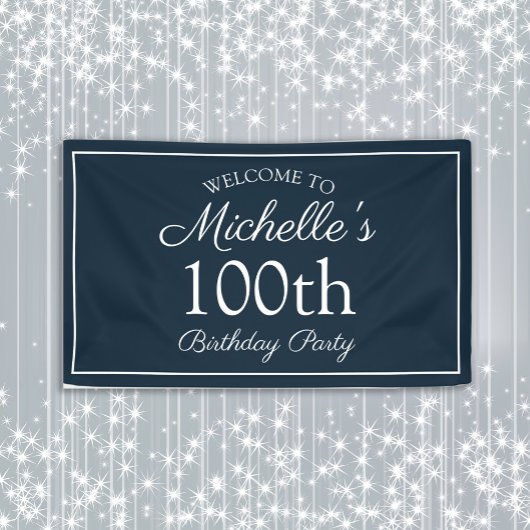 ネイビーブルー ホワイト 100歳の誕生日パーティー 横断幕