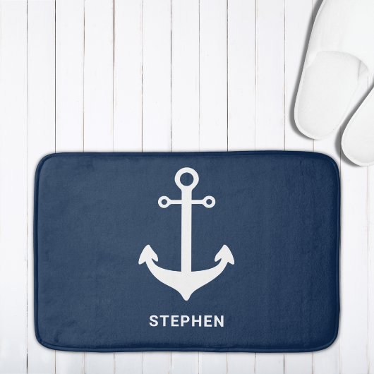 ネイビーブルー ホワイト  nautical アンカー 名入れ バスマット