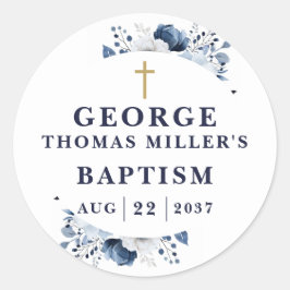 ネイビーブルー ボタニカル モダン 洗礼 ラウンドシール