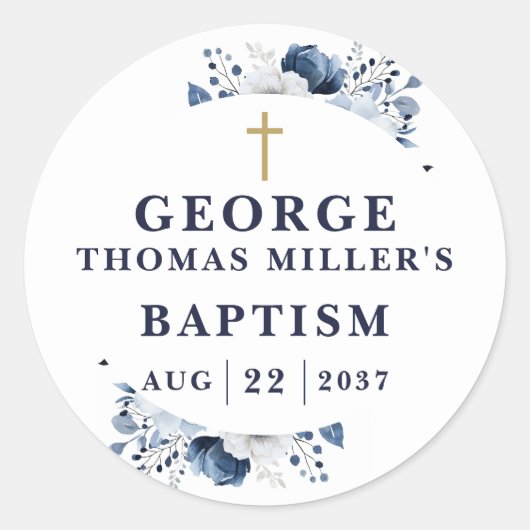 ネイビーブルー ボタニカル モダン 洗礼 ラウンドシール (正面)