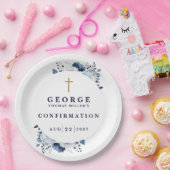 ネイビーブルー ボタニカル モダン  Confirmation ペーパープレート (パーティー)