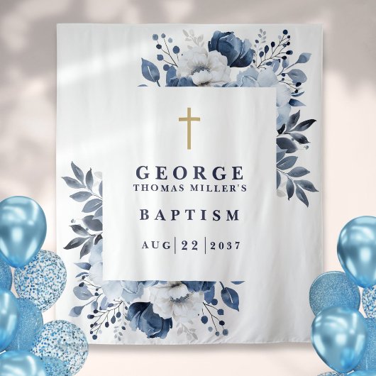 ネイビーブルー ボタニカル 洗礼 フォト 背景 タペストリー