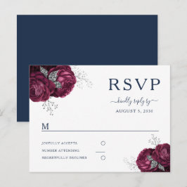 ネイビーブルー ボルドー色の芍薬 フラワー ウェディング RSVP ポストカード
