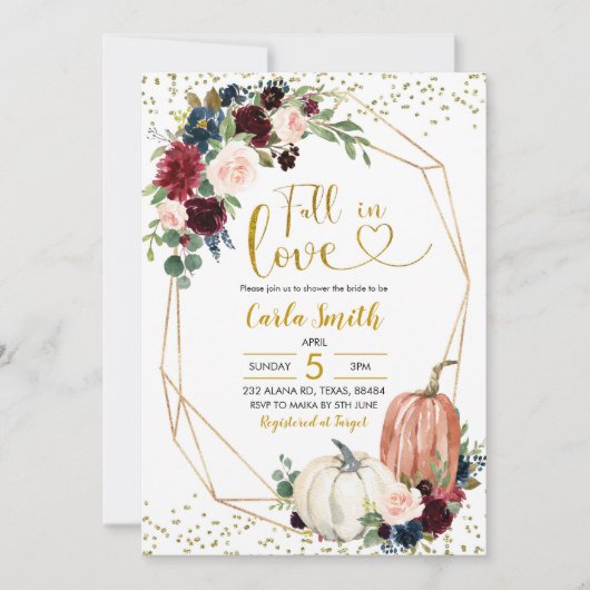 ネイビーブルー & マルサラ 秋の恋に落ちる 花嫁のシャワー 招待状 (正面)