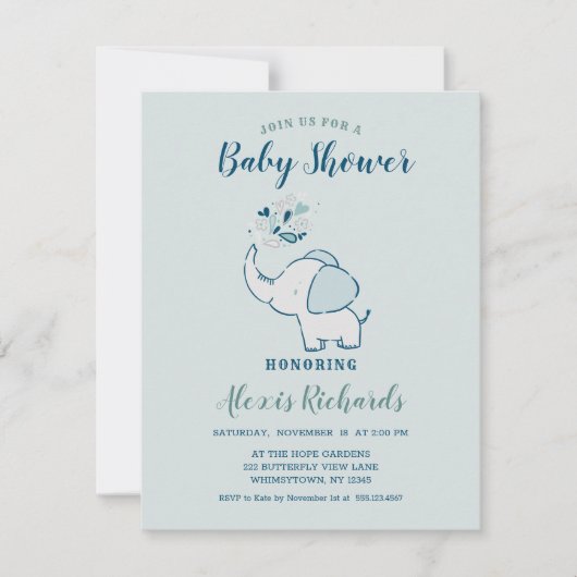 ネイビーブルー&ミントかわいいゾウをテーマにした赤ちゃんシャワー 招待状 (正面)