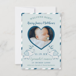 ネイビーブルー&ミントエレファント男の赤ちゃん写真誕生 案内状