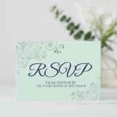 ネイビーブルー&ミントグリーンエレガントシルバーレース結婚ズ 出欠カード (スタンド正面)