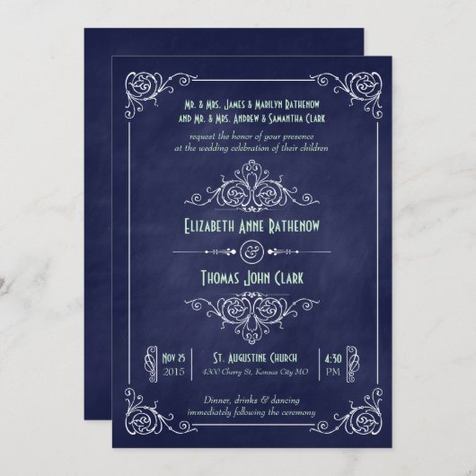 ネイビーブルー&ミントシャルボードデコ結婚ズ 招待状 (正面/裏面)