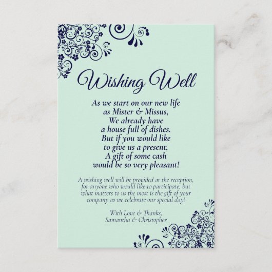 ネイビーブルー&ミント結婚グリーンの願い井戸の詩 エンクロージャーカード (正面)
