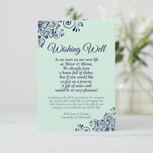 ネイビーブルー&ミント結婚グリーンの願い井戸の詩 エンクロージャーカード (スタンド正面)