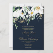 ネイビーブルー ミント ホワイト ゴールド デイジー フラワーのウェディング 招待状 (正面)