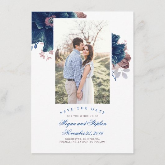 ネイビーブルー&メイヴフローラ写真Save the Date Card エンクロージャーカード (正面)