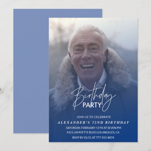 ネイビーブルー メンズ 写真 72歳の誕生日パーティー 招待状 (正面/裏面)