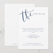 ネイビーブルー モダン シンプル スクリプト ウェディング ディテール エンクロージャーカード (正面/裏面)