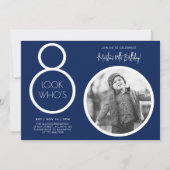 ネイビーブルー モダン フォト 80歳 誕生日 招待状 (正面)