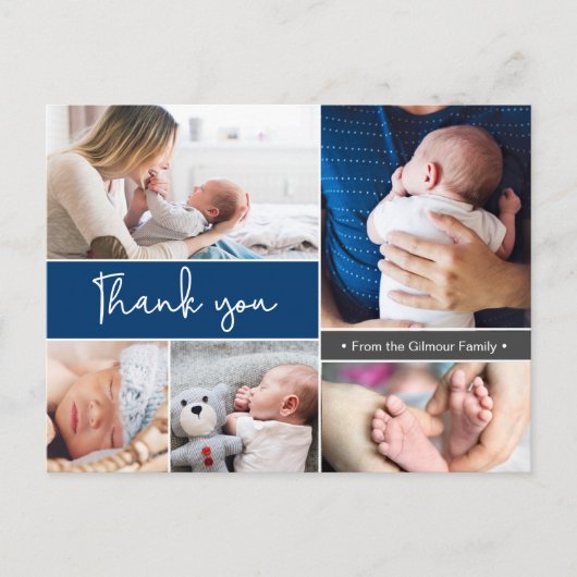 ネイビーブルー モダン 多写真 お礼 スクリプト ポストカード (正面)