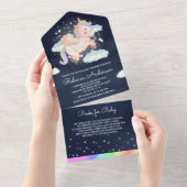 ネイビーブルー ユニコーンと夜の星 ベビーシャワー オールインワン招待状 (貼ってはがせる)