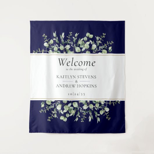 ネイビーブルー ユーカリ ウェディング ウェルカム タペストリー (正面)
