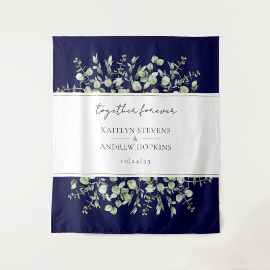 ネイビーブルー ユーカリ ウェディング ティッカーマー ずっと一緒に タペストリー (正面)