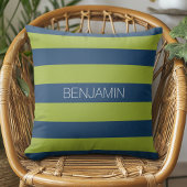 ネイビーブルー&ライムグリーンラグビーストライプ名前をカスタムする クッション