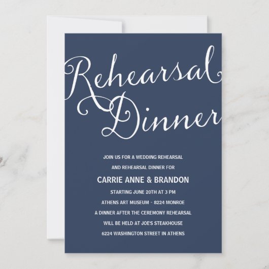 ネイビーブルー | ラスティックカリグラフィー リハーサルディナー 招待状 (正面)