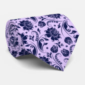 ネイビーブルー&ラベンダーパープルフローラダマスパターン ネクタイ (ロール)