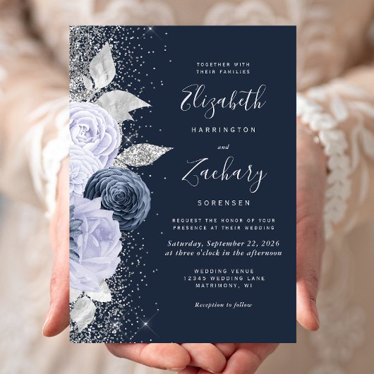 ネイビーブルー+ラベンダー+シルバーグリッターの結婚式 招待状
