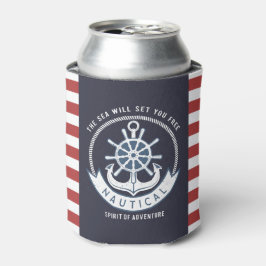ネイビーブルー+レッドストライプの錨と舵輪 缶クーラー