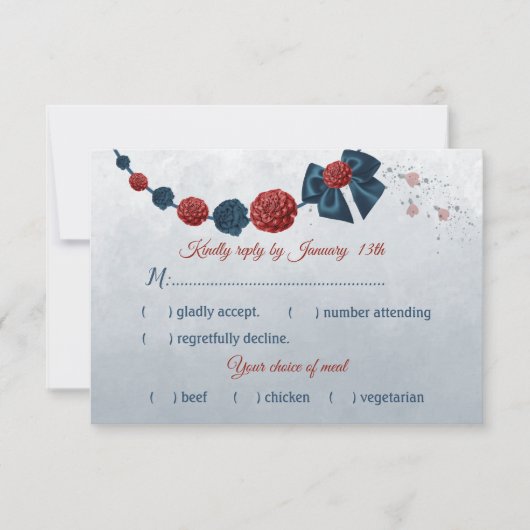ネイビーブルー&レッドフラワーズメニュー 出欠カード (正面)