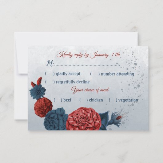 ネイビーブルー&レッドフラワーズメニュー 出欠カード (正面)
