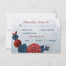 ネイビーブルー&レッドフラワーズメニュー 出欠カード