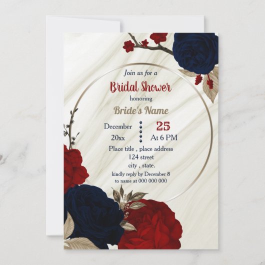 ネイビーブルー&レッドフローラ幾何学的ブライダルシャワーinv 招待状 (正面)